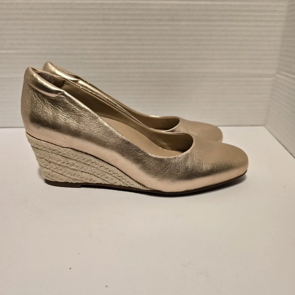ABEO Espadrille Wedge Pumps Metallic Gold Leather Round Toe‎ Shoes Size 5